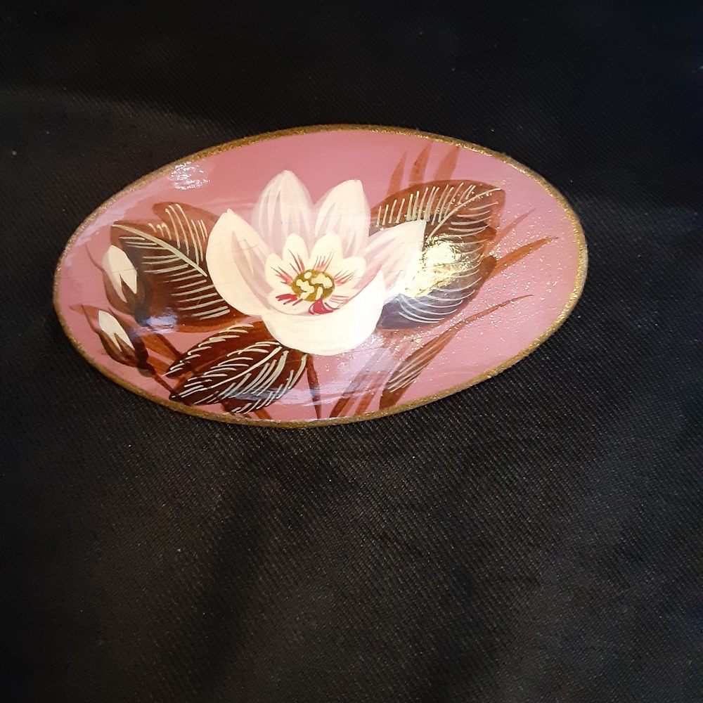 Vintage 1990s Russian Handpainted, wood Signed  Brooch flower floral